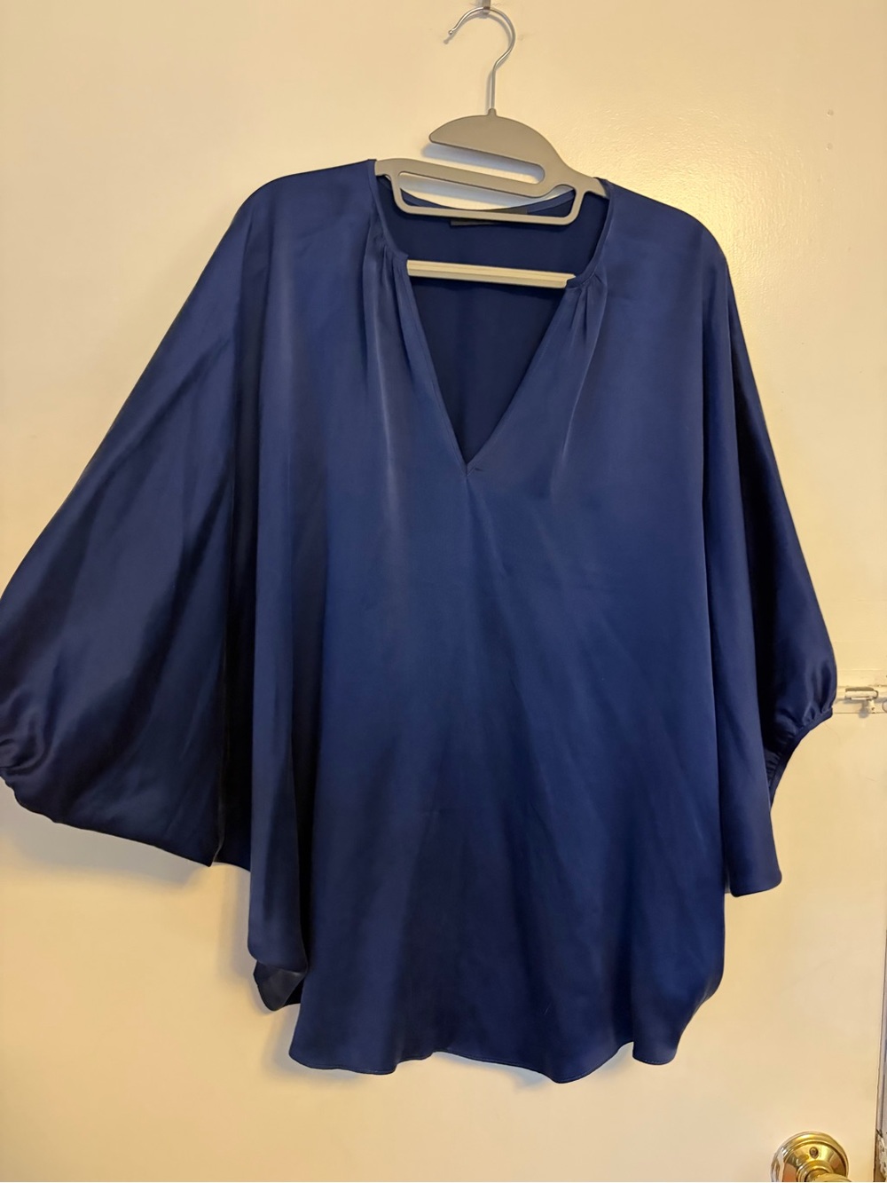 KES NYC Navy Silk V-Neck Women's Blouse